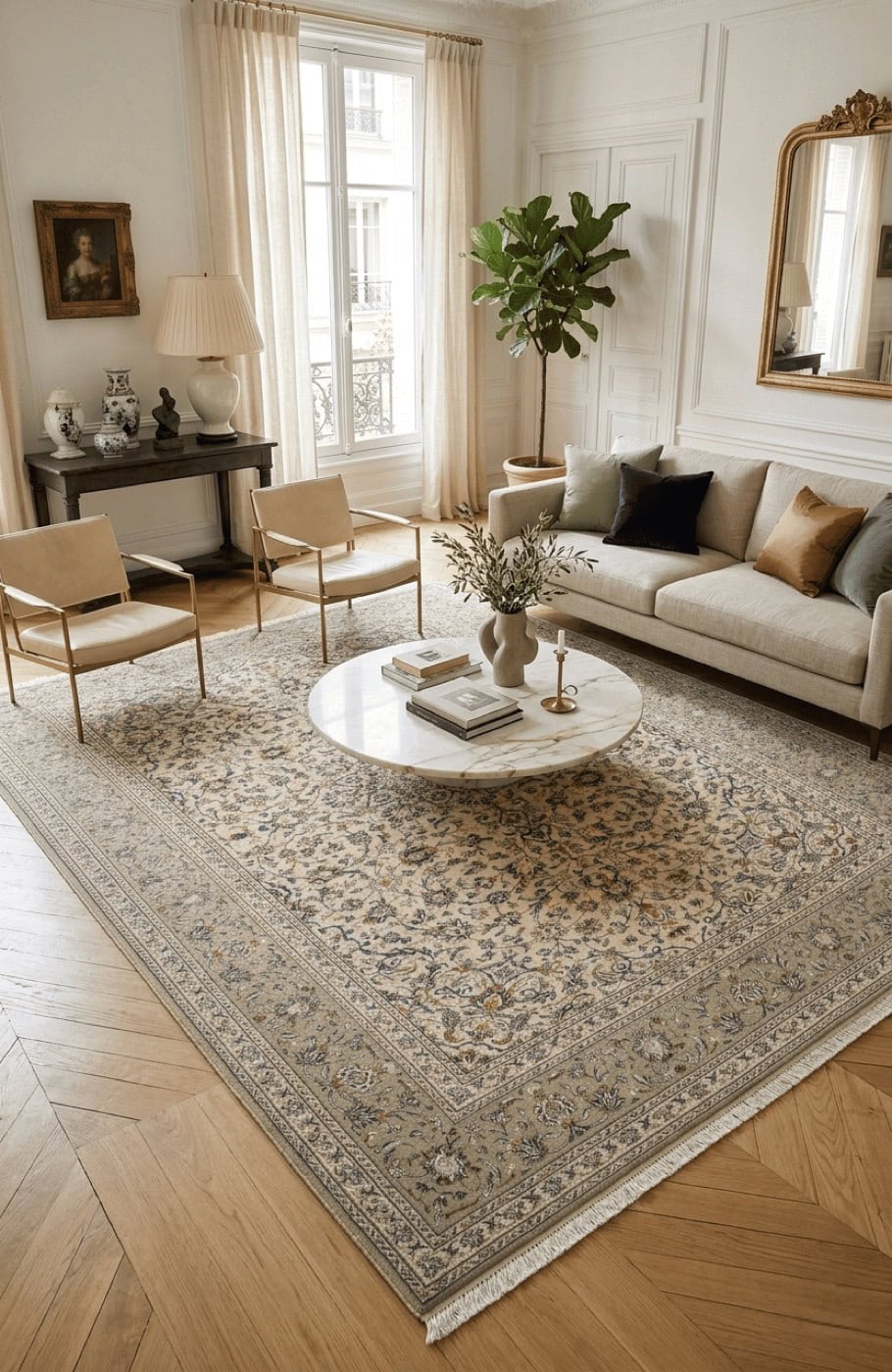 Tapis persan Keshan ivoire à médaillon floral dans un salon haussmannien lumineux