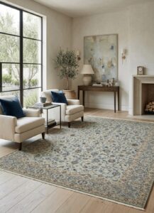 Tapis persan Keshan Pardan bleu délavé dans un salon contemporain aux baies d'acier