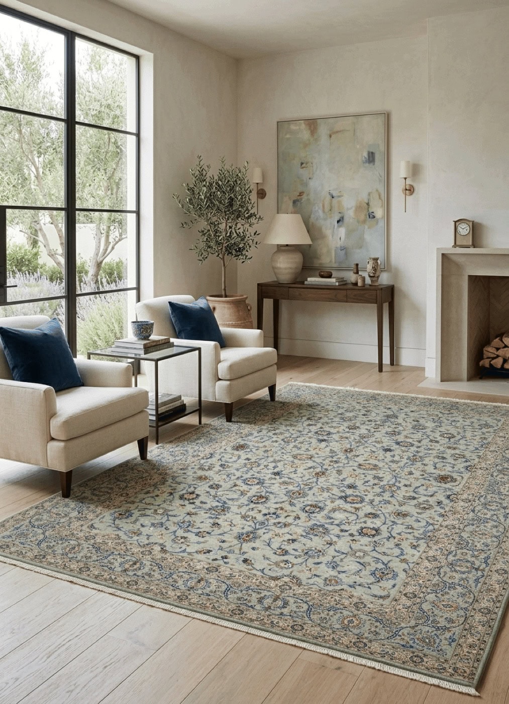 Tapis persan Keshan Pardan bleu délavé dans un salon contemporain aux baies d'acier
