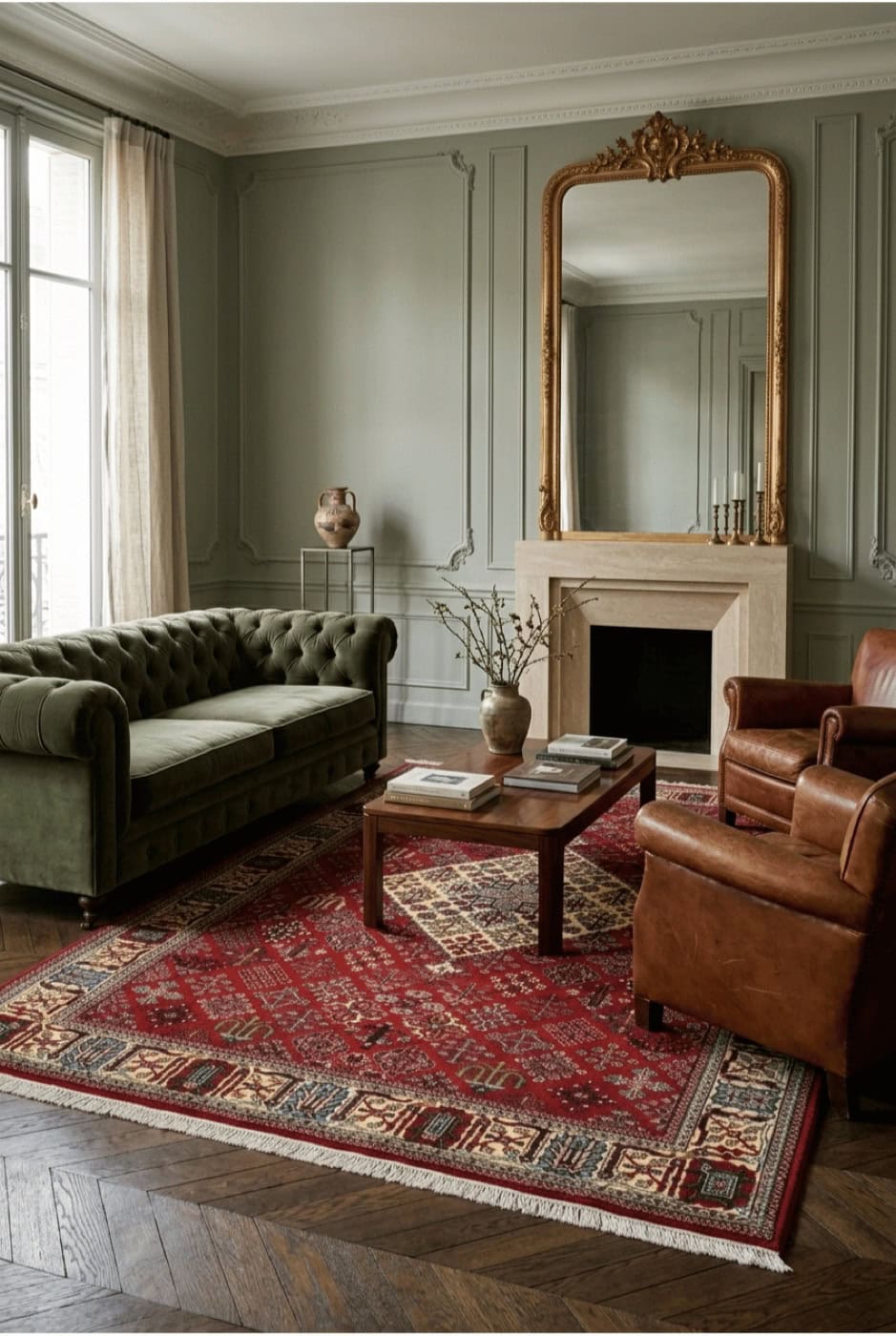 Tapis persan Meymeh géométrique aux tons chauds dans un salon classique parisien
