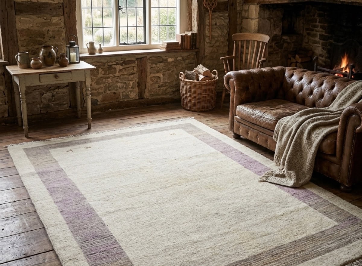 Tapis Gabbeh en laine naturelle écrue à bordure dans un salon de charme, collection Tapis Bouznah