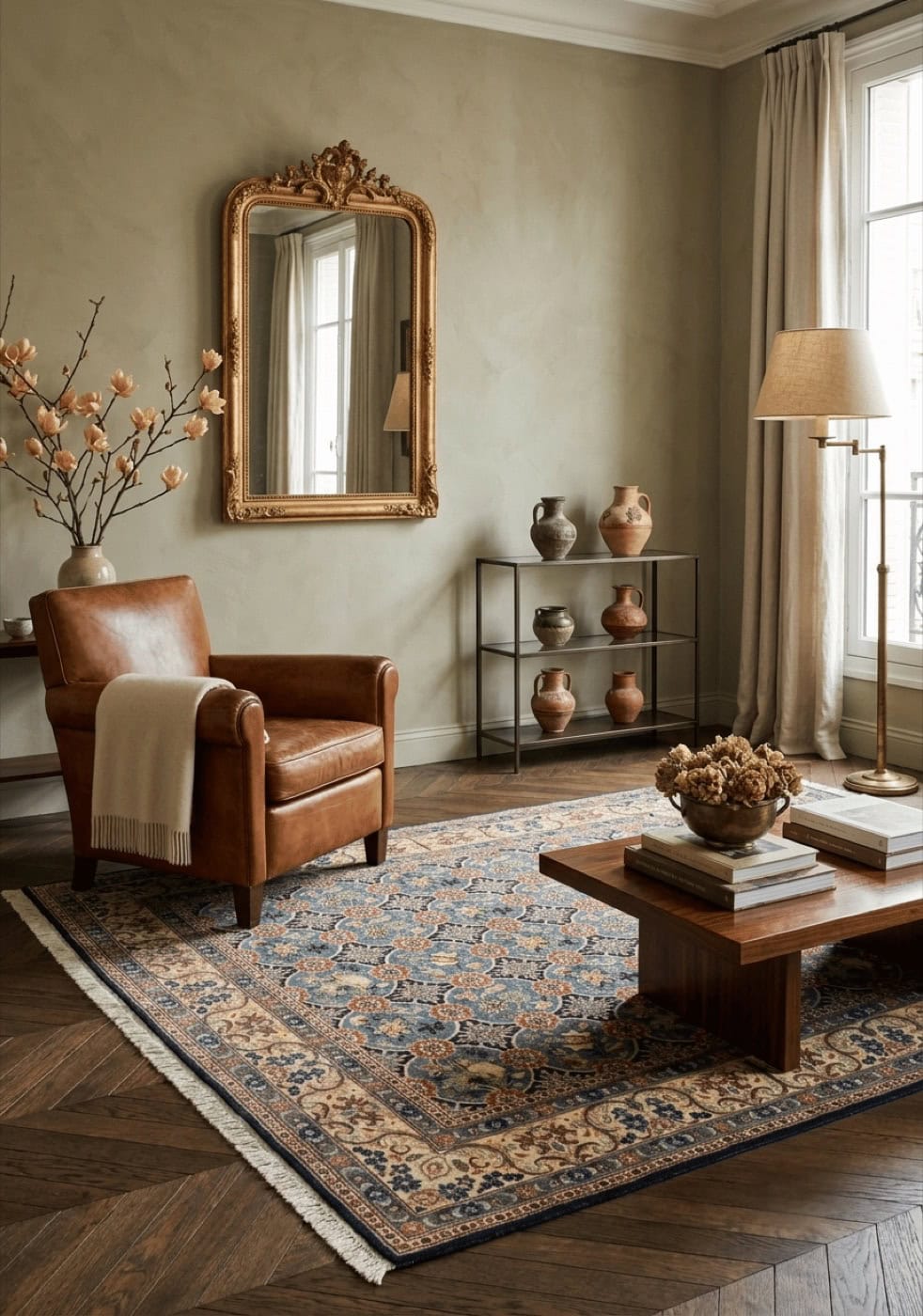 Tapis persan Veramine à fond bleu dans un salon contemporain aux tons taupe