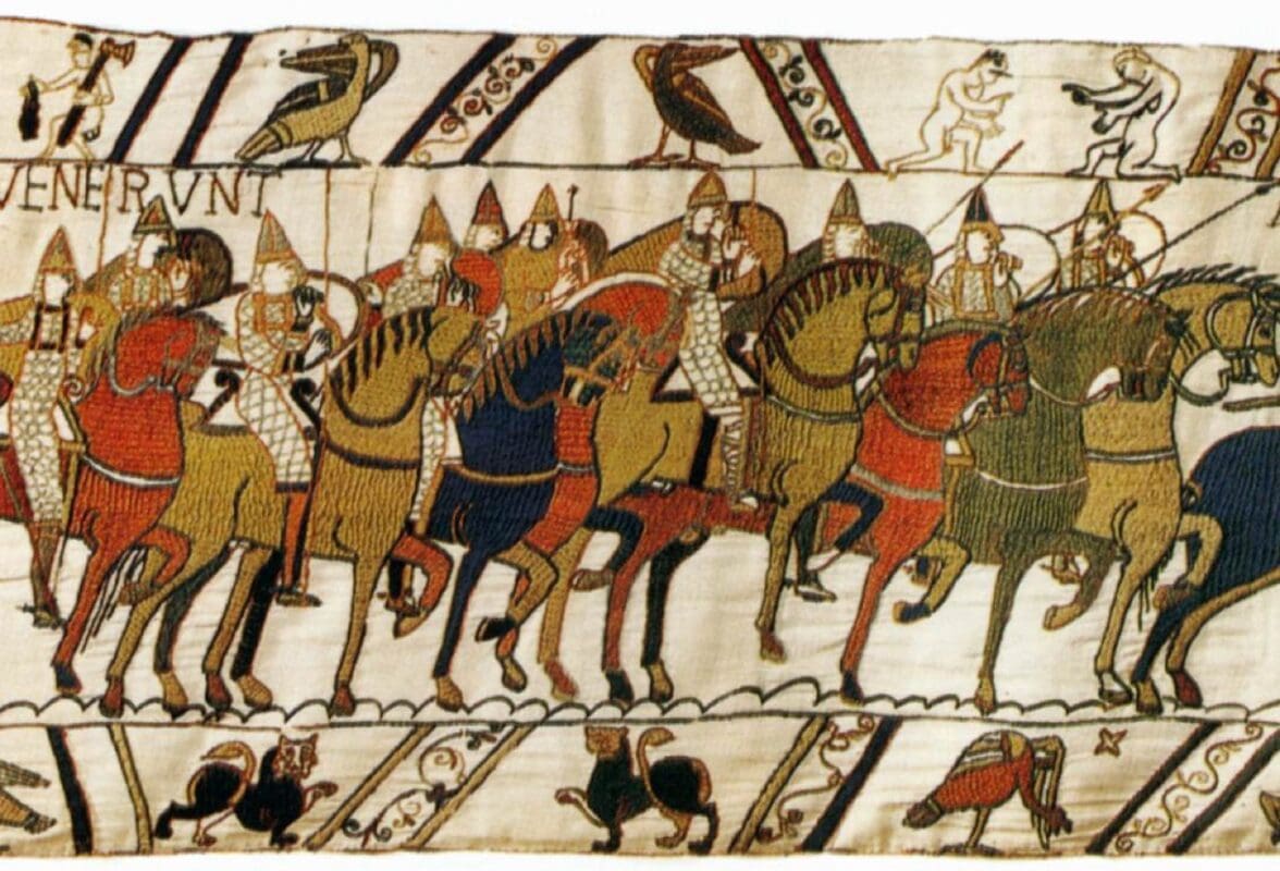 Détail de la broderie de Bayeux, fils de laine teints sur une toile de lin