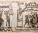 Scene de la tapisserie de Bayeux, des hommes observent la comete de Halley, presage de la chute du roi Harold