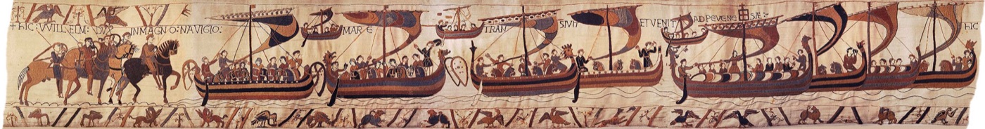 La flotte normande traversant la Manche, brodée sur la tapisserie de Bayeux